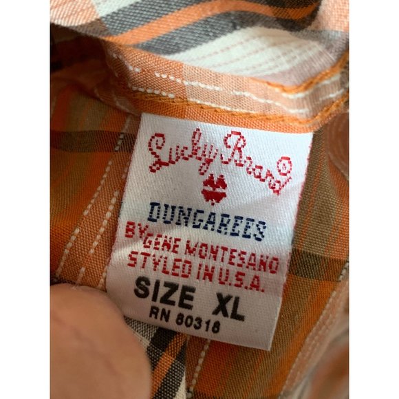 Lucky Brand Plaid Enamel Diamond Shaped Snap Up Shirt Orange Green Size XL TALL - Picture 9 of 10